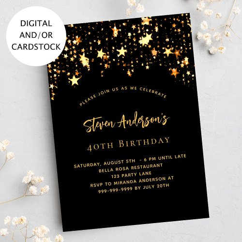 Birthday black gold stars elegant party invitation