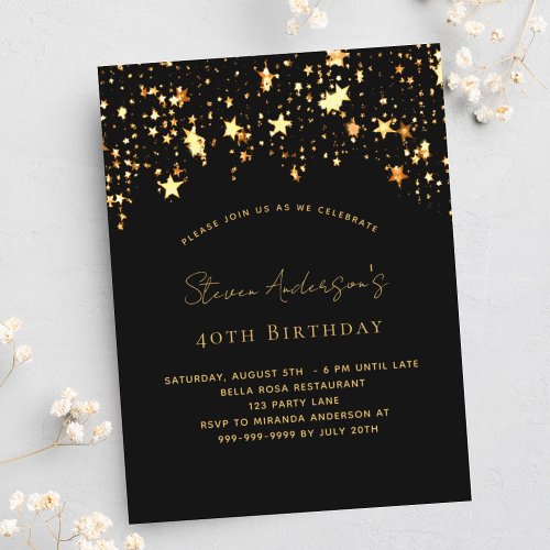 Birthday black gold stars elegant party invitation postcard