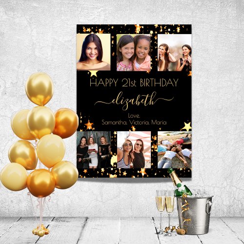 Birthday black gold stars friend photo collage poster