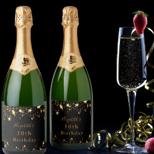 Birthday black gold stars modern elegant sparkling wine label