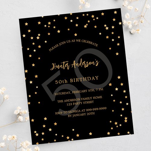 Birthday black gold stars number budget invitation