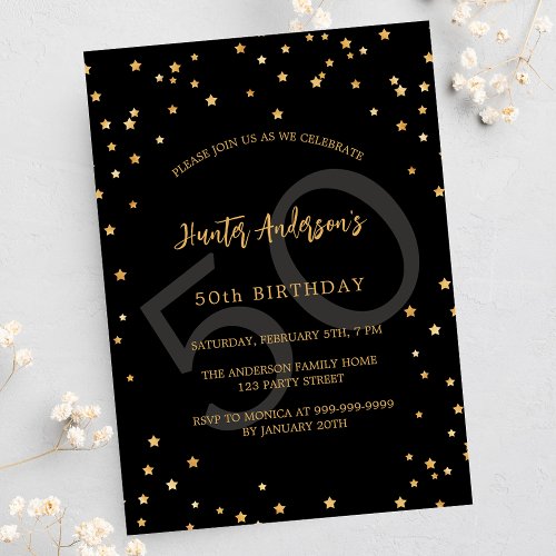 Birthday black gold stars number invitation