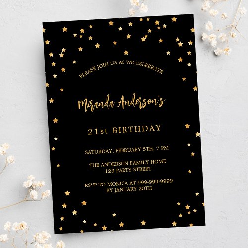 Birthday black gold stars party invitation postcard