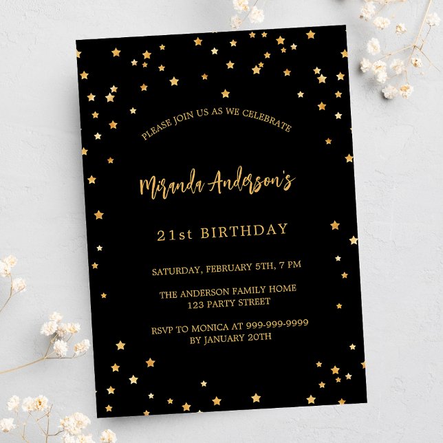 Birthday black gold stars party luxury invitation (Creator Uploaded)