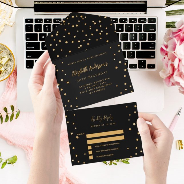 Birthday black gold stars party RSVP All In One Invitation (Creator Uploaded)