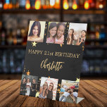Birthday black gold stars photo collage pedestal sign<br><div class="desc">Celebrating a life with a collage of 6 of your high quality photos,  friends,  family,  interest or pets.  Personalize and add a name,  age 21.   Golden text.  A chic,  classic black background color. The name is written with a modern hand lettered style script. Decorated with faux gold stars dripping.</div>