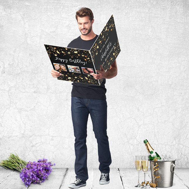 Birthday black gold stars photo friends card (Creator Uploaded)