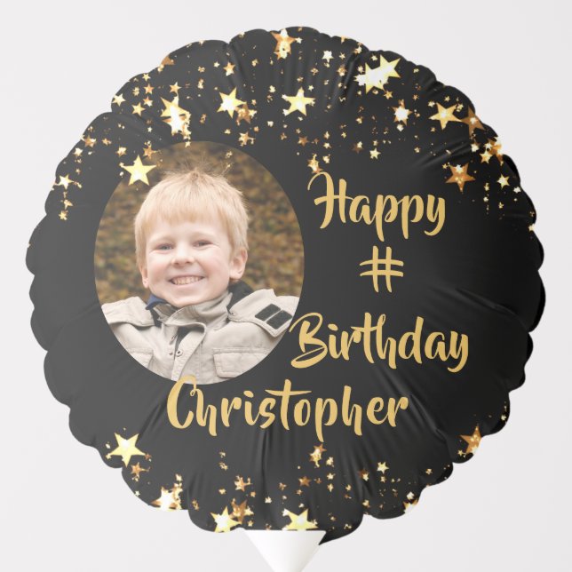 Birthday Black Gold Stars Photo Personalized Balloon (Front)