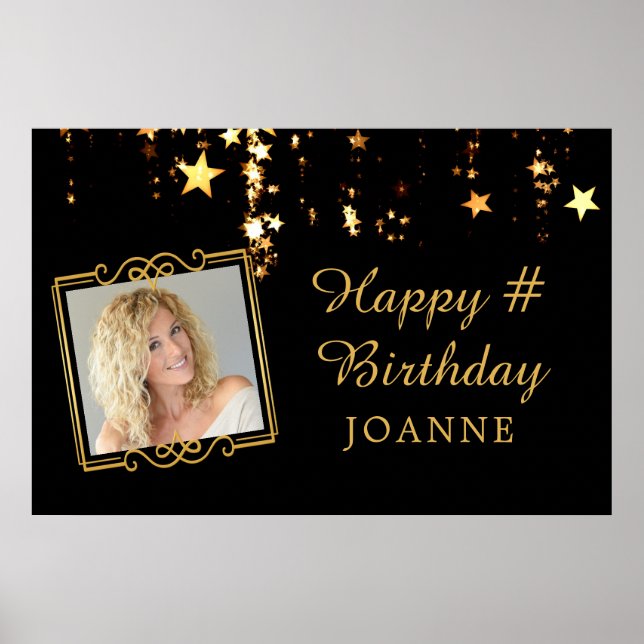 Birthday Black Gold Stars Photo Personalized Poster (Front)