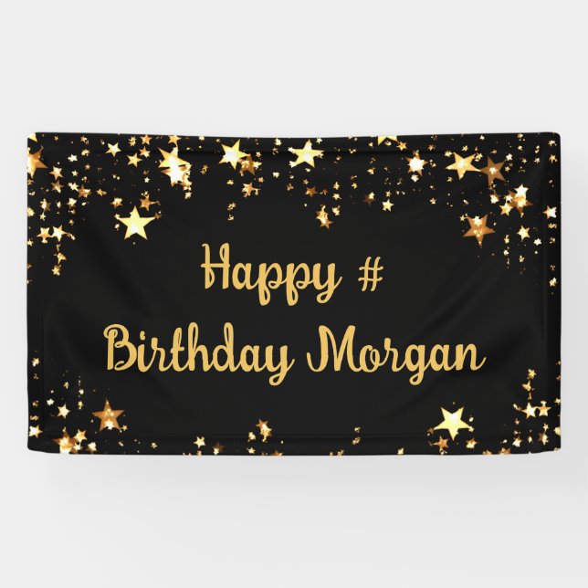 Birthday Black Gold Stars Script Personalized Banner (Horizontal)