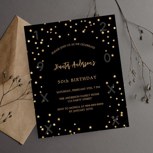 Birthday black gold stars years budget invitation flyer