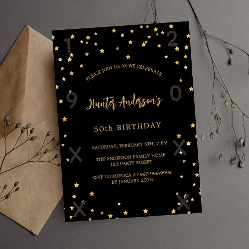 Birthday black gold stars years invitation