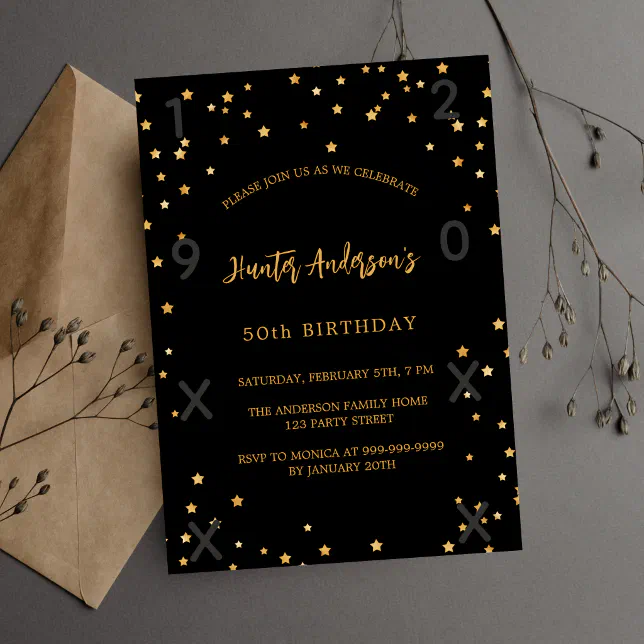 Birthday Black Gold Stars Years Invitation Zazzle