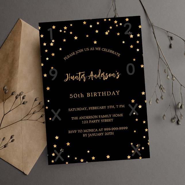 Birthday black gold stars years invitation postcard (Creator Uploaded)