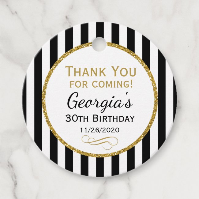 Birthday Black Gold Stripe Thank You Favor Tags