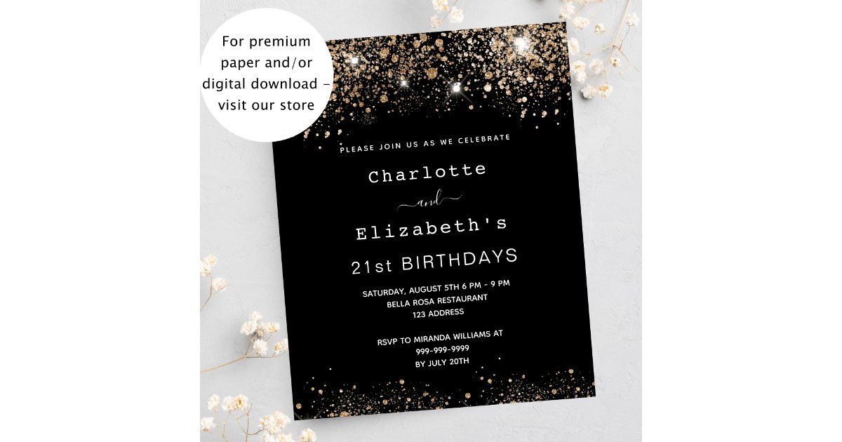 Birthday black gold two friends budget invitation | Zazzle