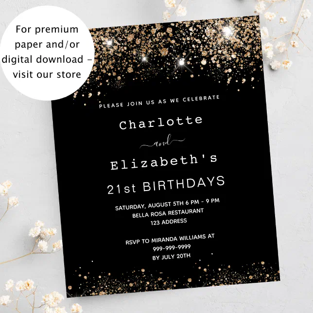 Birthday black gold two friends budget invitation | Zazzle