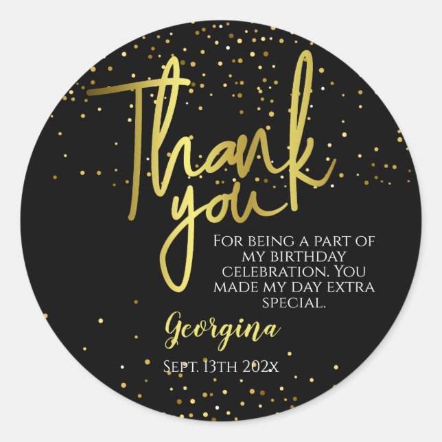 Birthday Black Gold Typography Classic Round Sticker (Front)