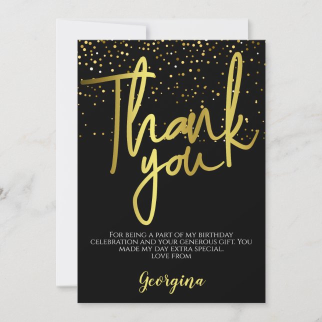 Birthday Black Gold Typography Thank You Card (Front)