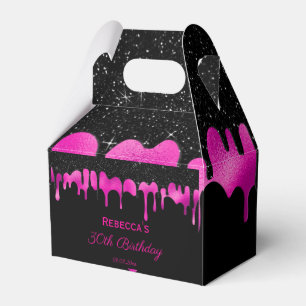 Birthday Black & Hot Pink Drips Glitter Thank You Favor Boxes