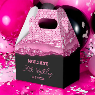 Birthday Black Hot Pink Glitter Name Thank You Favor Boxes