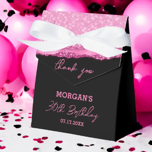 Birthday Black Hot Pink Glitter Name Thank You Favor Boxes