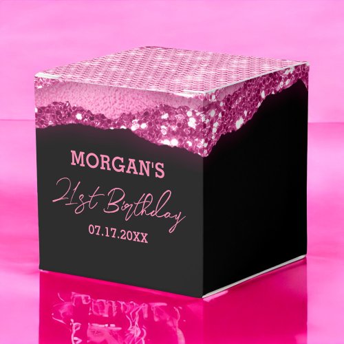 Birthday Black Hot Pink Glitter Name Thank You Favor Boxes