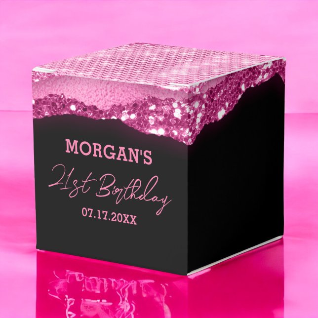 Birthday Black Hot Pink Glitter Name Thank You Favor Boxes (Creator Uploaded)