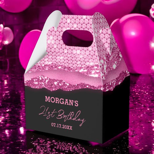 Birthday Black Hot Pink Glitter Name Thank You Favor Boxes