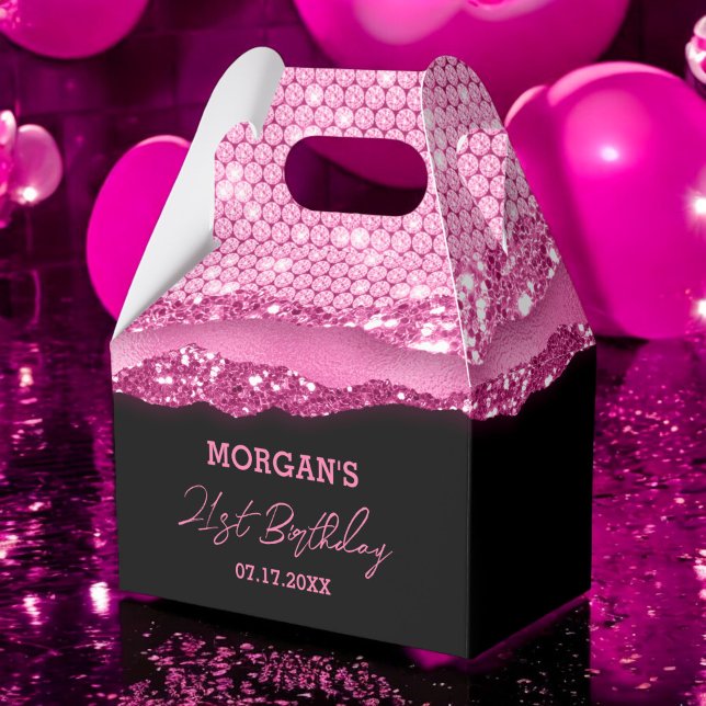 Birthday Black Hot Pink Glitter Name Thank You Favor Boxes (Creator Uploaded)