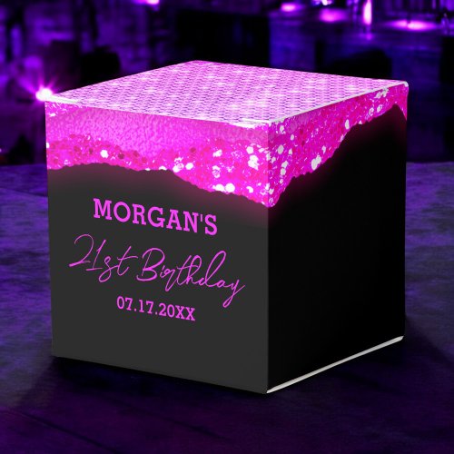 Birthday Black Hot Pink Glitter Name Thank You Favor Boxes