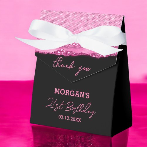 Birthday Black Hot Pink Glitter Name Thank You Favor Boxes