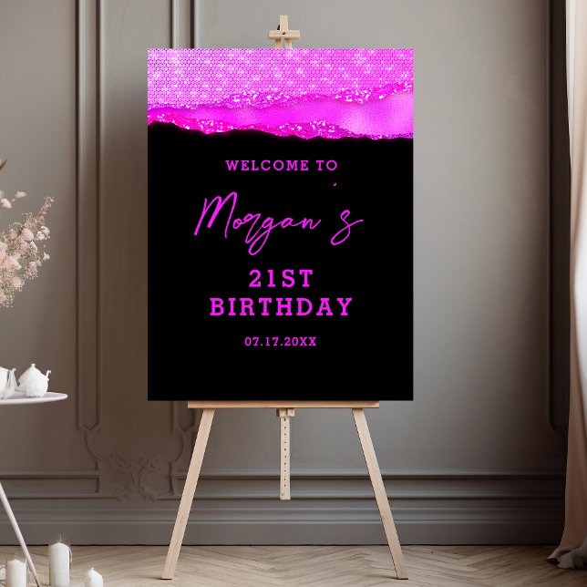 Birthday Black Hot Pink Glitter Name Welcome Foam Board (Creator Uploaded)