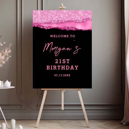 Birthday Black Hot Pink Glitter Name Welcome Foam Board