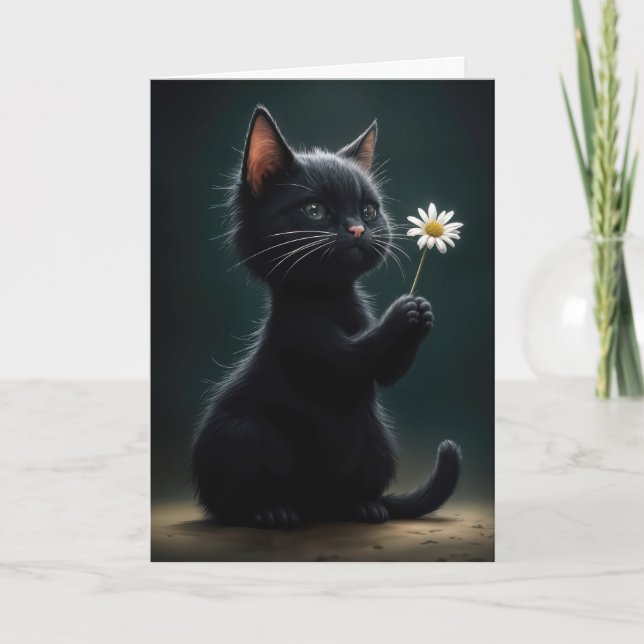 Birthday Black Kitten Holding a White Daisy Card (Front)