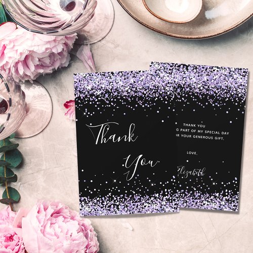 Birthday black lavender glitter thank you card