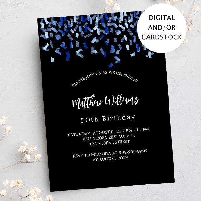 Birthday black navy blue confetti invitation (Creator Uploaded)