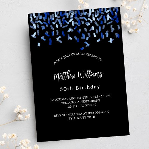 Birthday black navy blue confetti invitation postcard