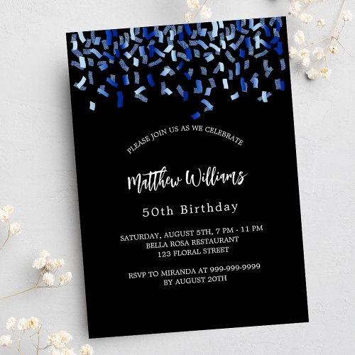 Birthday black navy blue confetti luxury invitation