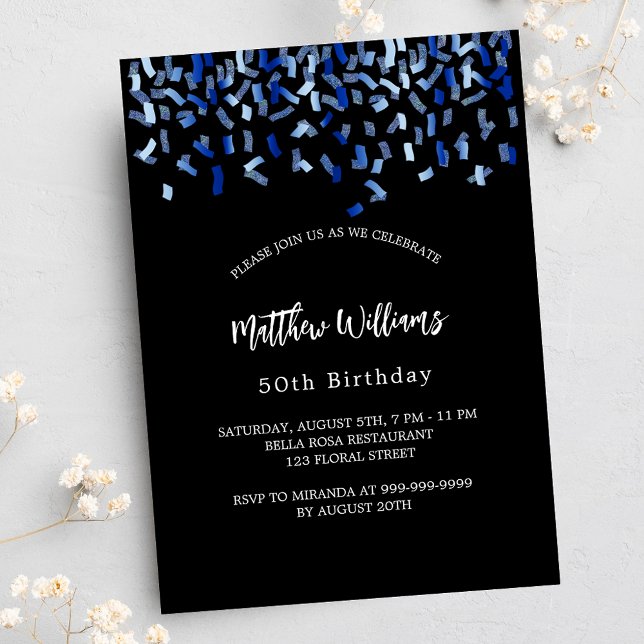 Birthday black navy blue confetti luxury invitation (Creator Uploaded)