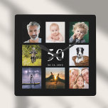 Birthday black photo collage guy square wall clock<br><div class="desc">A wall clock as a gift for a 50th (or any age) birthday for a guy,  celebrating his life with a collage of 8 of your own photos.  Personalize and add age 50,  and a date.  Date of birth or the date of the anniversary.  White colored letters.  Black background.</div>