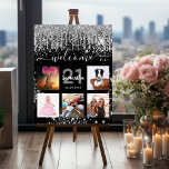 Birthday black photo collage silver glitter foam board<br><div class="desc">A welcome board for a 21st (or any age) birthday party, celebrating her life with a collage of 5 of your photos. Personalize and add a name, age 21 and a date. Date of birth or the date of the party. White and gray colored letters. Elegant black looking background, decorated...</div>