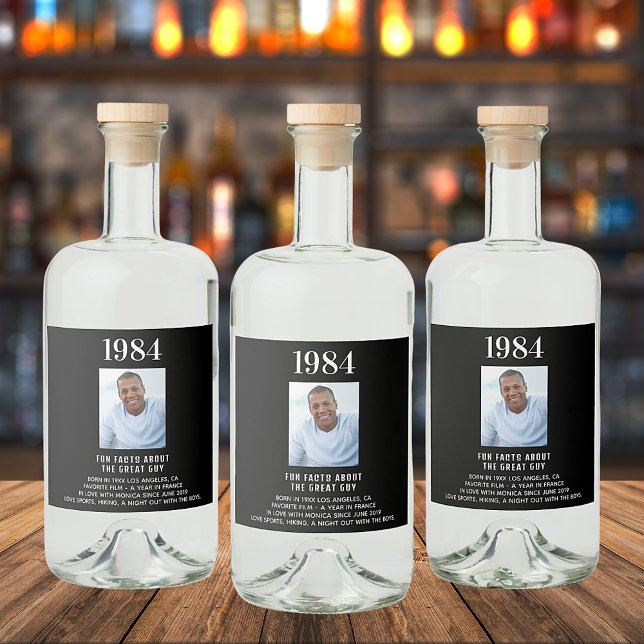 Birthday black photo fun facts bio year birth liquor bottle label (Creator Uploaded)