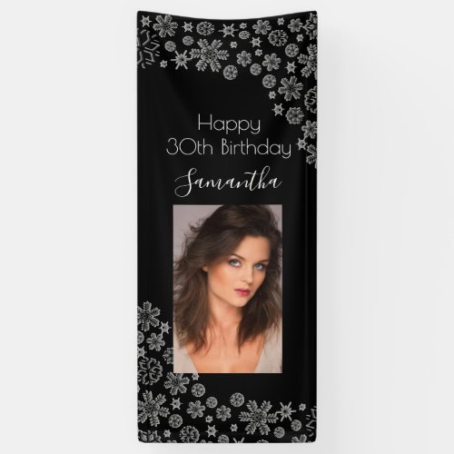 Birthday black photo white snowflakes winter banner