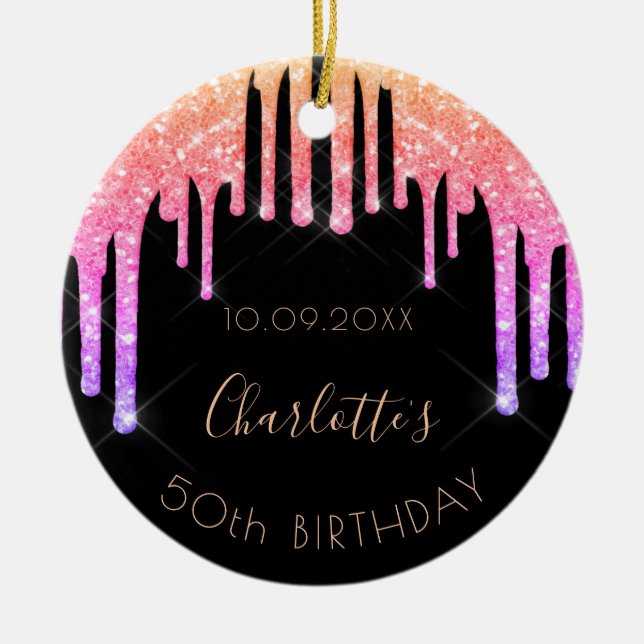 Birthday black pink glitter monogram ceramic ornament (Front)