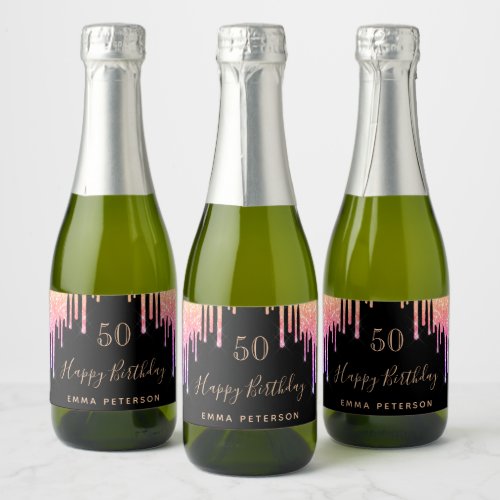 Birthday black pink glitter sparkle sparkling wine label