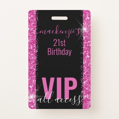 Birthday Black Pink Glitter VIP Party Invitation Badge
