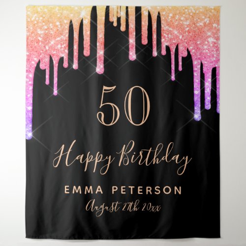 Birthday black pink gold glitter drips tapestry