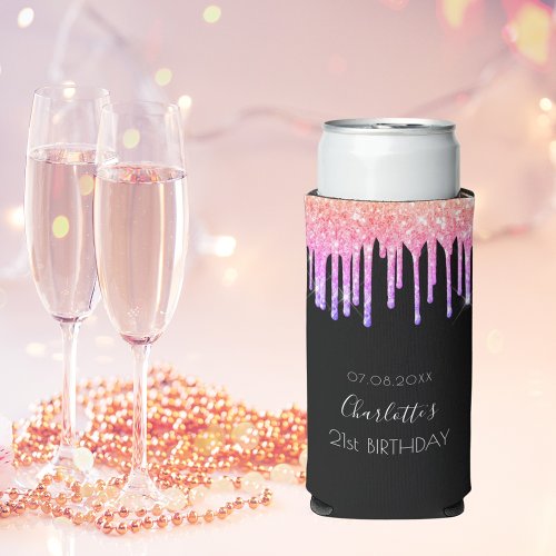 Birthday black pink purple glitter drips party seltzer can cooler