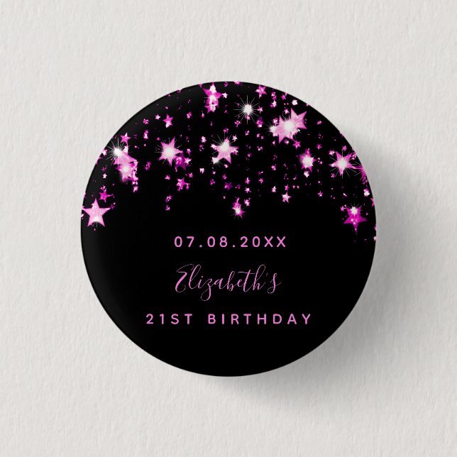 Birthday black pink stars name button (Front)